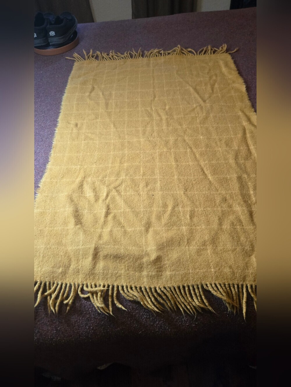 Vintage Edgar Of Scotland 100% Wool Large Scarf Goldenrod Color Plaid Background